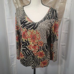Coldwater blouse, size M, black, orange, tan, floral/animal print